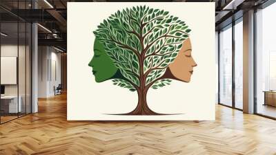 Two women's faces are shown in a tree with leaves, AI Wall mural