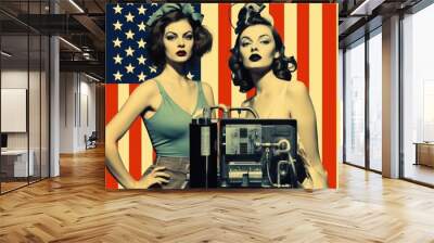 Two women in front of an american flag, AI Wall mural