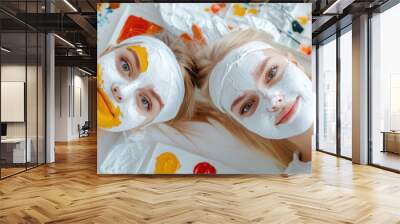 Two women with face paint lying on a table next to each other, AI Wall mural