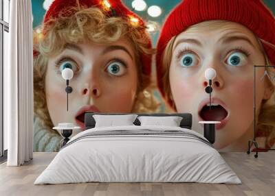 Two young women with red hats and scarves are making surprised faces, AI Wall mural