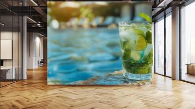 Mojito Cocktail with lime and mint by the poolside, summer party drinks Wall mural