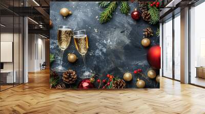 2025. New Year. Two glasses of sparkling champagne on a gray background. New Year and Christmas concept. Place for text. Wall mural