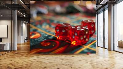 A fallen glass of champagne with red dice scattered across the table. Close up of a set of dice for craps, roulette, poker on a red gaming table in a casino. Gambling background. Wall mural