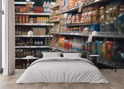 Abstract blurred supermarket aisle with colorful shelves and unrecognizable customers as background Wall mural