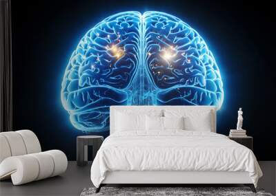 Abstract brain hologram. copy space. Artificial Intelligence, neuronets. futuristic hologram of brain on black background and glowing blue. Digital Brain big Data. Wall mural