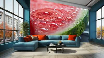 Close-up of a slice of watermelon. Fresh summer fruit abstract background. Fresh ripe watermelon slices on wooden. Red ripe pulp of watermelon with seeds close up. Wall mural