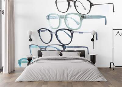 collage of eyeglass frames on a white background. Glasses on a white background, collage Wall mural