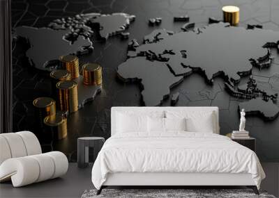 Global money map. World map made of money coins on black background, financial graph, world map and global network business concept. Wall mural