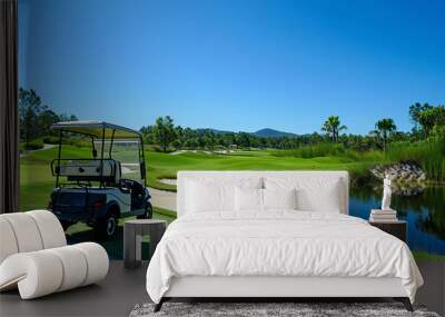 Golf cart car in fairway of golf course with fresh green grass field and cloud sky and tree with water lake on sunset time Wall mural