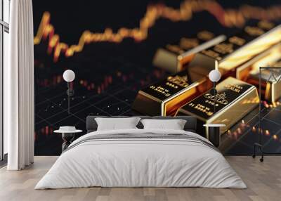 Growth gold bar financial investment stock diagram on black profit graph background. Global economy trade price business market concept or capital marketing golden banking chart exchange invest value. Wall mural