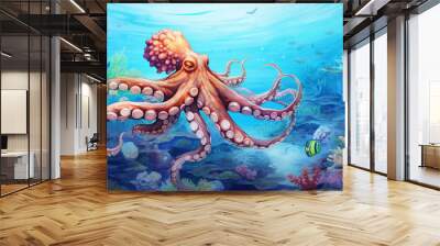 Octopus squid with tentacles swimming in a deep beautiful blue ocean reef at an island with fishes, seaweed and corals, turquoise water color Wall mural