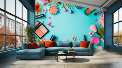 top-view composition of makeup products and decorative cosmetics against a peach-colored background, Wall mural