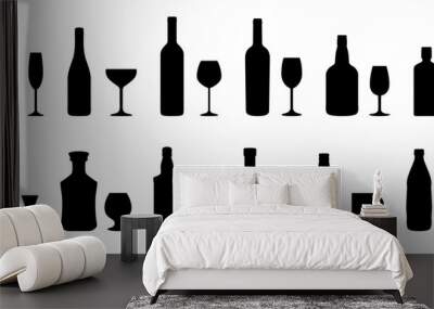 Alcohol bottle and glasses silhouette collection. Black alcohol drinks icon Wall mural