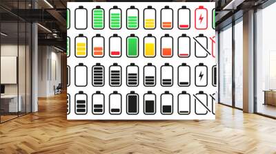 Battery charging level icon collection. Set of discharged and fully charged battery icons. Battery capacity charge symbols. Battery charging, charge indicator icons Wall mural