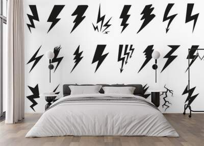 Black lightning icon collection. Bolt, power, thunder, charge, storm symbol. Set of thunderbolt icon Wall mural