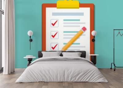 Clipboard with checklist and pencil icon in a flat design Wall mural