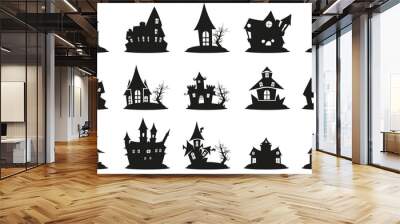 Creepy haunted house for Halloween. Scarey house silhouette. Halloween home castle icons Wall mural