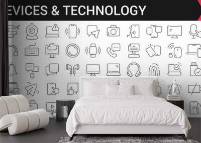 Device and technology linear icons in black. Big UI icons collection in a flat design. Thin outline signs pack. Big set of icons for design Wall mural