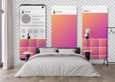 Mock up of smartphone with social network frames. Template of social network in smartphone. Set of social network frames Wall mural