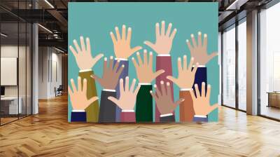 Raised up hands. Volunteering charity, concept of education, business training. Wall mural