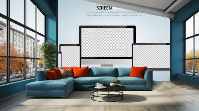 Screen mockup. Computer monitor, laptop, tablet and smartphone with blank screen for design Wall mural