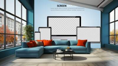 Screen mockup. Computer monitor, laptop, tablet and smartphone with blank screen for design Wall mural