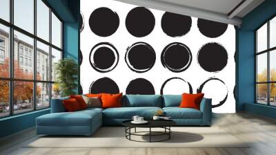 Set of black grunge circles shapes on a white background. Paint brush stamp collection Wall mural