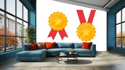 Set of golden medal with star icon in a flat design Wall mural