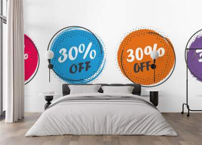 Set of grunge sticker with 30 percent off in a flat design with halftone. For sale, promotion, advertising Wall mural