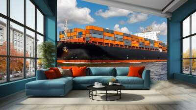 a logistics cargo container ship that travels by sea to import, export, and distribute products to dealers and consumers around the world. Cargo container ship. Cargo ship Wall mural