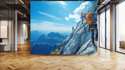 Mountaineering. Rocks. Rock climbing. Mountains. Mountaineers climb a rock. People with equipment overcome a difficult mountain route. Adventures. Tourism. Hiking with a backpack in the mountains. Wall mural