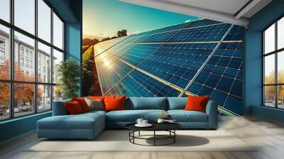 Solar panels to produce energy in an environmentally friendly manner. Clean green renewable energy. Alternative energy. Ecology. Environmental protection	 Wall mural