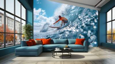 Surfing. Surfer. Male surfer rides a wave. Male surfer rides an ocean wave on a longboard. Ocean, sea, Wave. Active sport. Active recreation. Wall mural