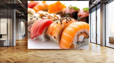 Sushi roll set. Mixed fresh sushi rolls, beautifully decorated. Japanese food. Asian cuisine. Fish menu Wall mural