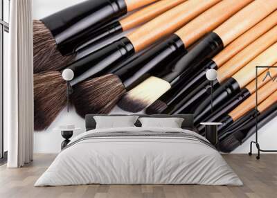 Various makeup brushes isolated over white. wooden makeup brushes. Duo fibre foundation makeup brush. Style. Fashion. Visage. Cosmetics. Wall mural