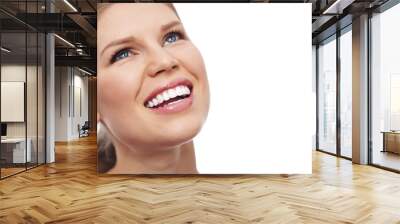 Close-up portrait of pretty woman with white toothy smile isolated over white background. Concept of dental care and fresh breath.  Wall mural