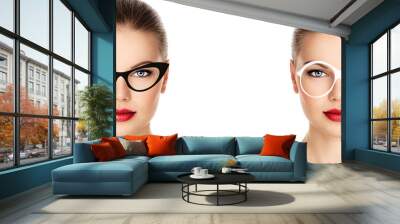 Spectacles rim design and color on pretty woman face Wall mural