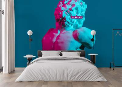 Plaster bust of a crying laocoon. Social network. neon concept art. Wall mural