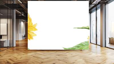 border watercolor yellow sunflowers with green leaves on white background for invitation, header, background for flyer, packaging print Wall mural