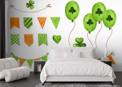 watercolor drawing. set of cute illustrations of st patrick's day decor. green and orange elements, four leaf clover and shamrock, balloons and flags Wall mural