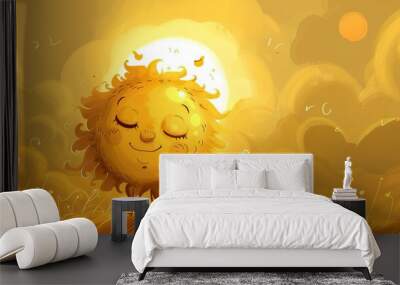 A cheerful anthropomorphic sun character enjoying a sunset Wall mural