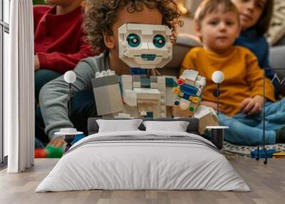 A group of children are playing with legos, with one of them building a robot Wall mural