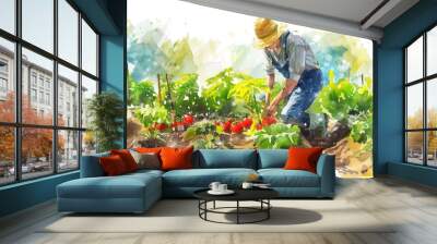 A person is tending to a lush vegetable garden Wall mural