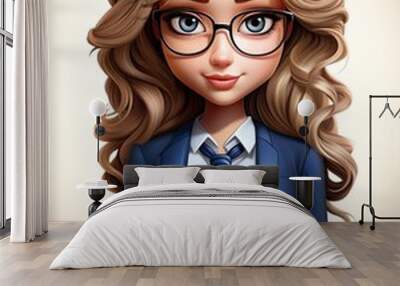 A stylized illustration of a professional woman with glasses and curly hair Wall mural