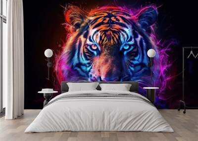 A vibrant digital art piece featuring a tiger with neon colors against a dark background Wall mural