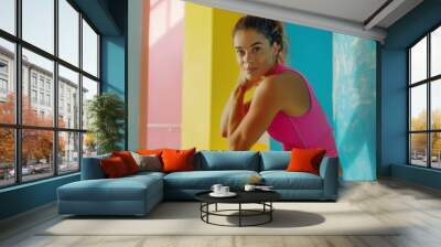 A woman in a pink tank top is sitting on the floor Wall mural