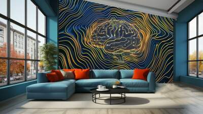 An artistic representation of a human brain with colorful neon contour lines Wall mural