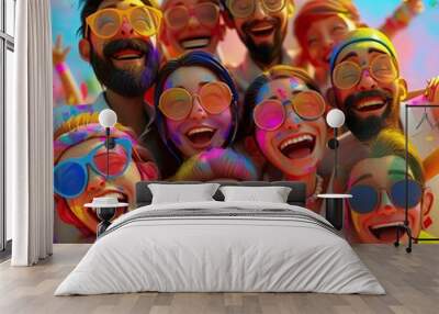 This vibrant image captures a group of eight animated characters in a joyful and festive moment, possibly celebrating the Holi festival or a similar colorful event. Each person is adorned with bright  Wall mural