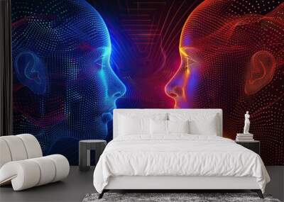 Two digital human profiles facing each other in a neon-infused cyber environment Wall mural