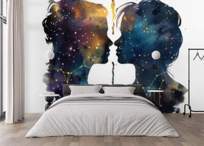 Two people kissing in the sky with stars and a cross Wall mural